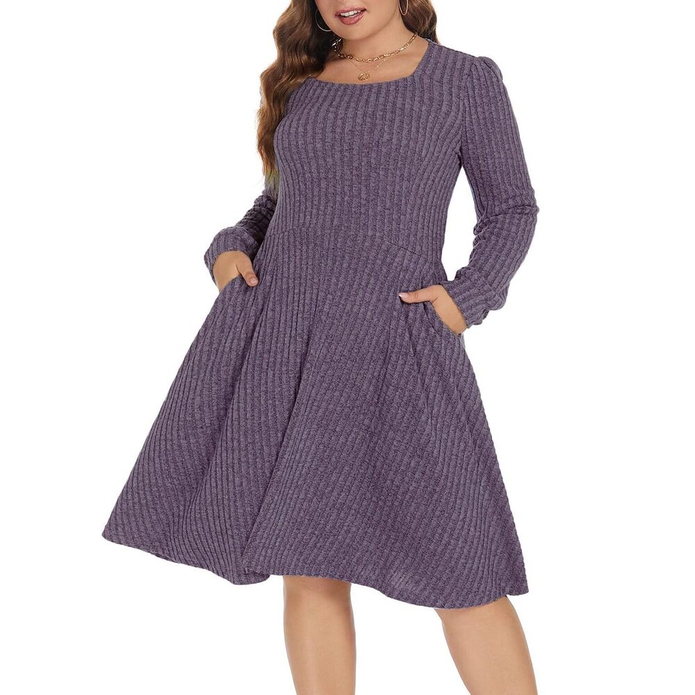2349 Plus Size Purple Dress Square Neck Long Sleeve Stretchy Comfy Casual